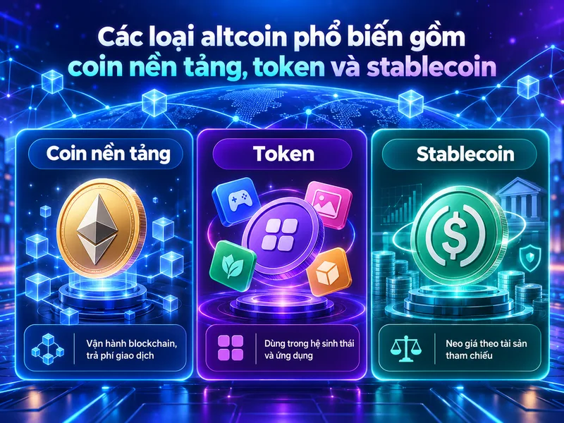 Các loại altcoin phổ biến gồm coin nền tảng, token và stablecoin