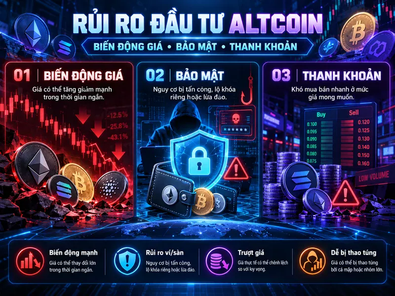 Rủi ro đầu tư altcoin gồm biến động giá, bảo mật và thanh khoản