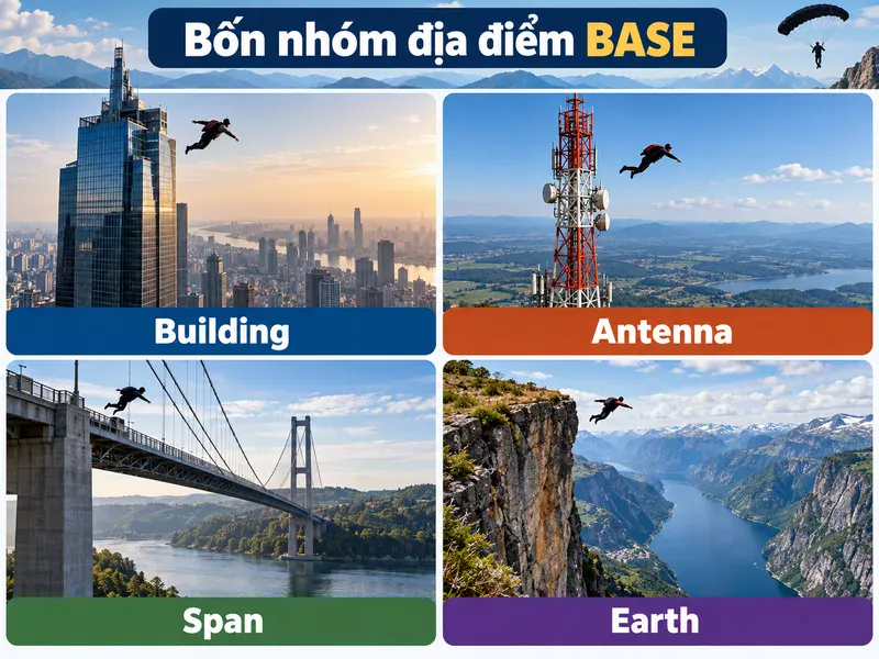 Bốn nhóm địa điểm BASE gồm Building, Antenna, Span và Earth