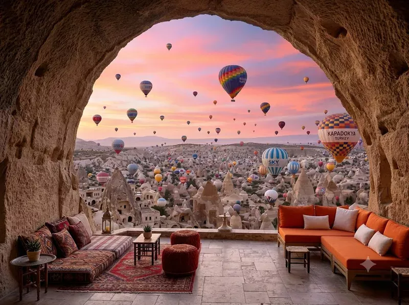 Khách sạn hang động Cappadocia nhìn ra khinh khí cầu buổi sáng