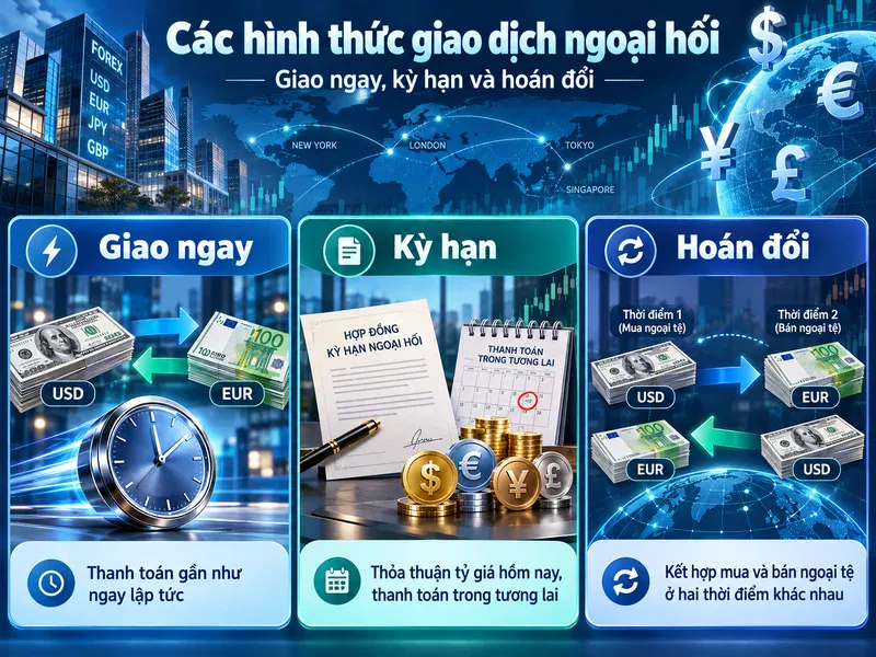 Các hình thức giao dịch ngoại hối giao ngay, kỳ hạn và hoán đổi.